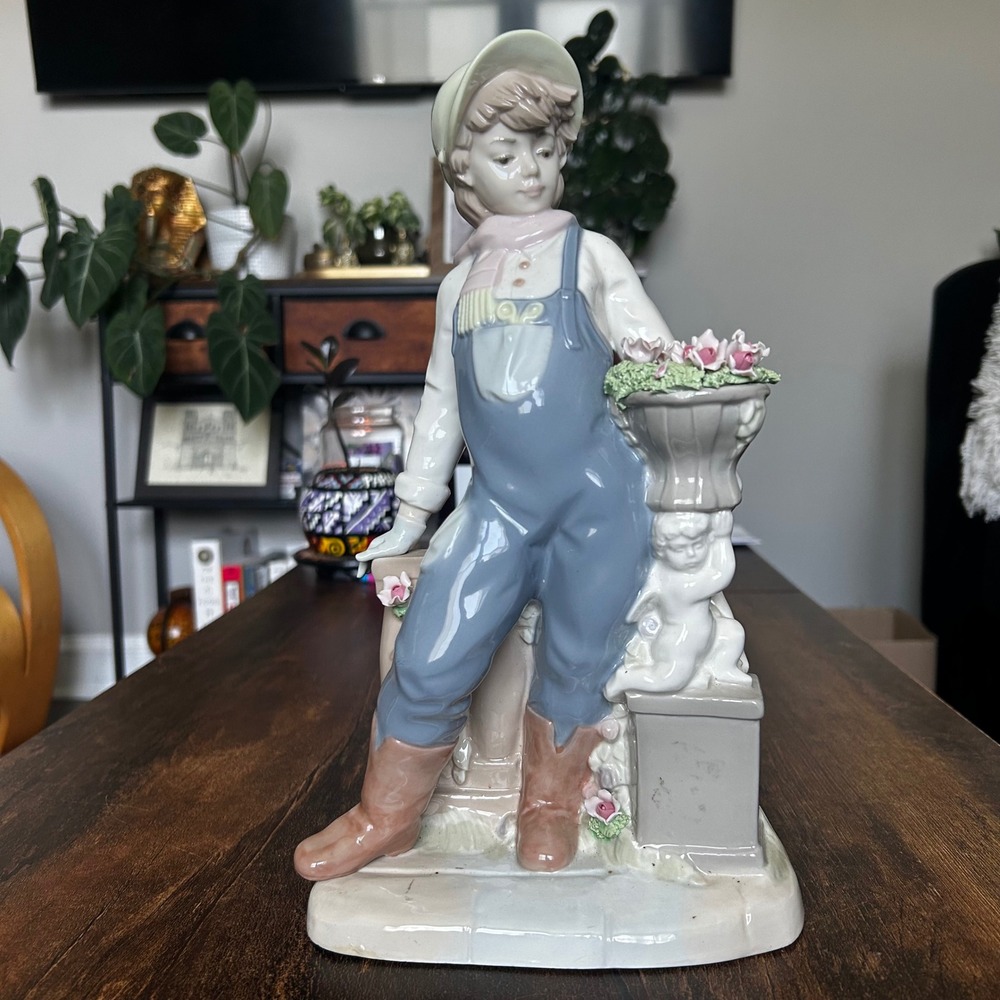 Nadal Porcelain Figurine Boy in Overalls with Cherub Planter Spain Blue 10.5in